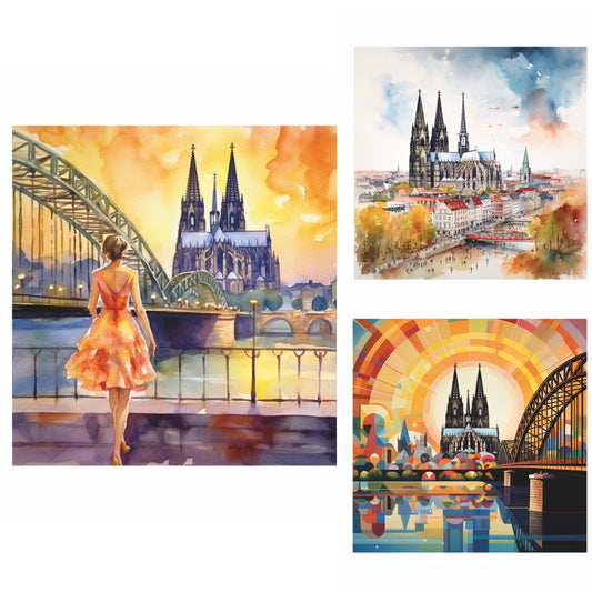 3er-Set: Köln-Kunstdrucke: „Mädche“, „Rheinufer“, „Sunnesching“  (20x20 cm)