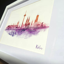 Lade das Bild in den Galerie-Viewer, Köln-Kunstdruck „Skyline“ lila im Holzrahmen 20x30cm
