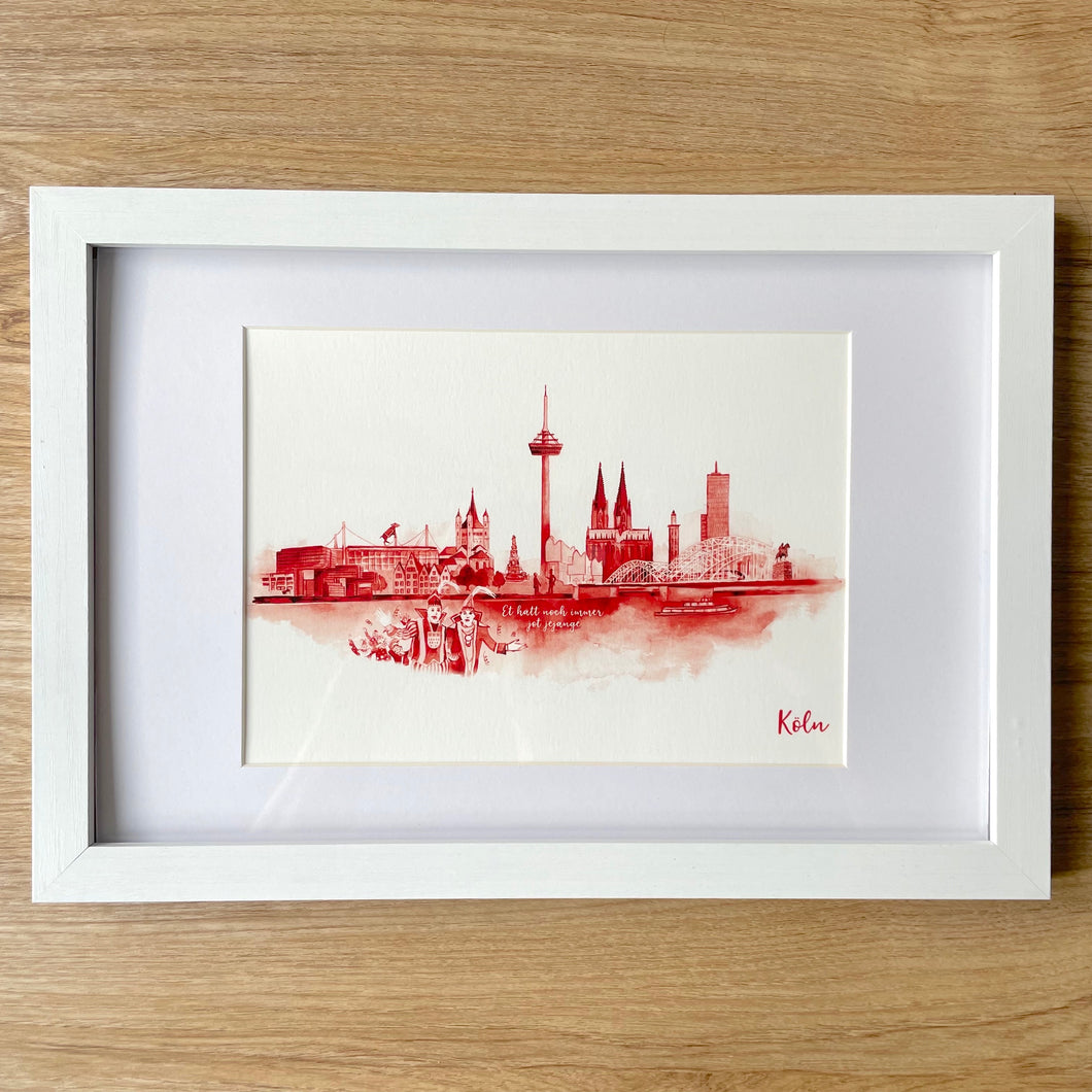 Köln-Kunstdruck „Skyline“ rot im Holzrahmen 20x30cm